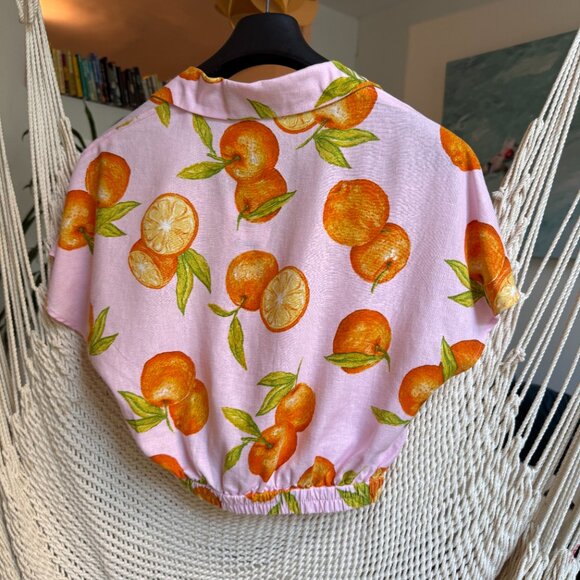 Zara Printed Linen Blend Crop Top Oranges On Pink Background size XS - Picture 2 of 3